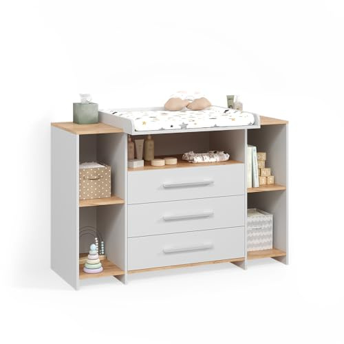 Livinity Wickelkommode Torino Weiß/Goldkraft Eiche | mit 3 Schubladen