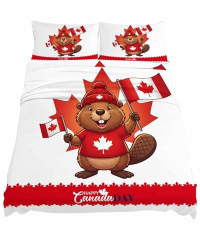 Homechoid Canada Beavers King Sheet Set 105x98, Modern Chic Maple Leaf Red Brown Soft Breathable Bed Sheets, Microfiber Lightweight Comfy Bedding Set with Pillowcase, Easy Fit-Deep Pocket Bedsheet