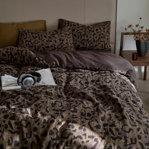 Freyamy Leopard Bettwäsche 200x200 Braun Leoparden Aesthetic Bettwäsche Set | Vintage Bettwäsche mit Leopardenmuster, Microfaser ÖKO-TEX Bettbezug mit Reißverschluss und 2 Kissenbezug 80x80cm