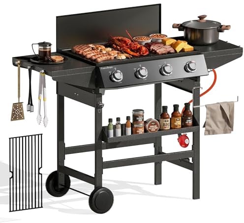 PHI VILLA Gas BBQ 4 Burner with Griddle Plate & Cast Iron Centre Insert, 2 Side Tables & Storage Shelf, Gas Grill Barbecues Trolley for Home Garden Party Outdoor Cooking, 131L x 61W x 90Hcm, Black
