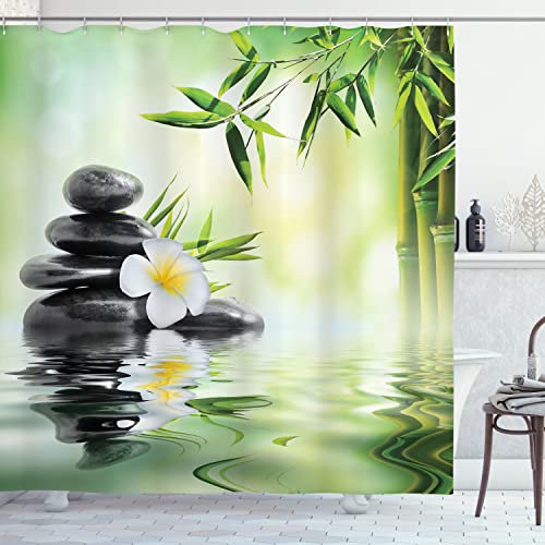 ABAKUHAUS Garten Duschvorhang, Bambus japanische Relax, Stoffliches Gewebe Badezimmerdekorationsset mit Haken, 175 x 200 cm, Koksgraue Hellgrün