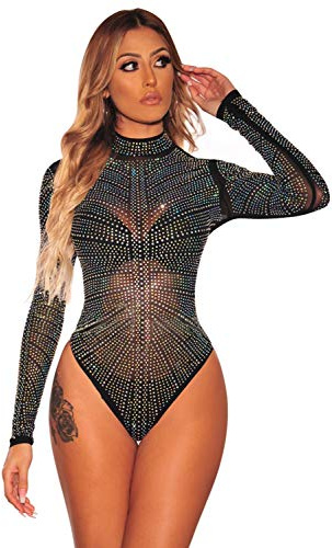 NBBNYJ Overalls Damen Body Sexy Schwarz Mesh Silberbesetzter Langarm Bodysuit Leotard Sommer Top Rompers Jumpsuit
