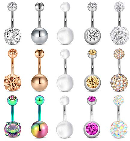 Mayhoop 15Pièces Piercing Nombril 14G Acier Chirurgical Anneaux de Nombril 10mm Boule Perle Bijoux de Piercing Corps
