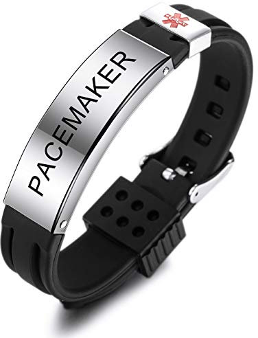 MOWOM Medical Braccialetto Personalizzato con Incisione in Silicone identificativo Regolabile per Uomo Donna Bambini in Acciaio Inossidabile Gomma- (Nero Pacemaker)