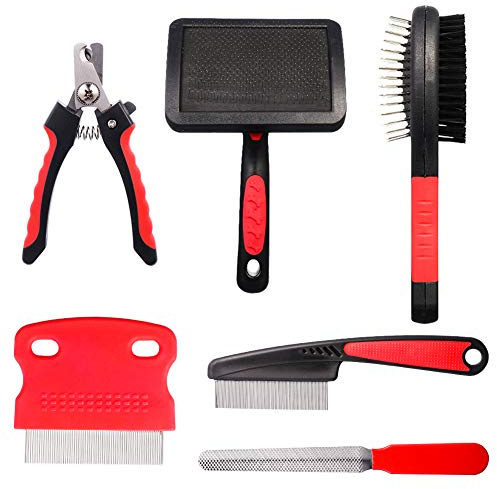Tonyg-p 6 Pack Dog & Cat Grooming Set - Soft Slicker Brush, Double Sided | Pin & Flea Comb, Nail Clippers & File