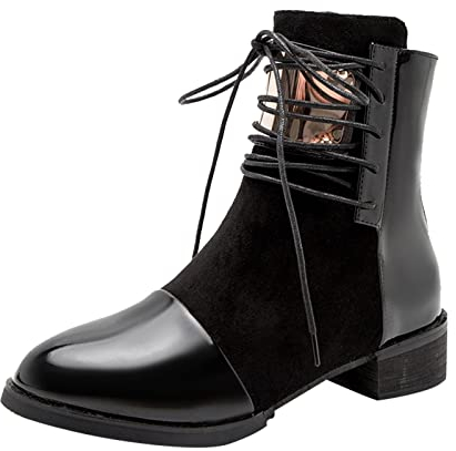 Xmiral Stivali da Donna in Pelle Antiscivolo Punta Tonda Cerniera Laterale con Lacci Tacco Basso Scarpa Caviglia (37,Nero)