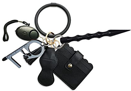 Selbstschutz-Schlüsselanhänger für Damen, 130 dB, mit Alarmgerät, Aluminiumstab, Verteidigung, Schlüsselanhänger, Fellkugel, Korkenzieher Gr. 38, schwarz 1