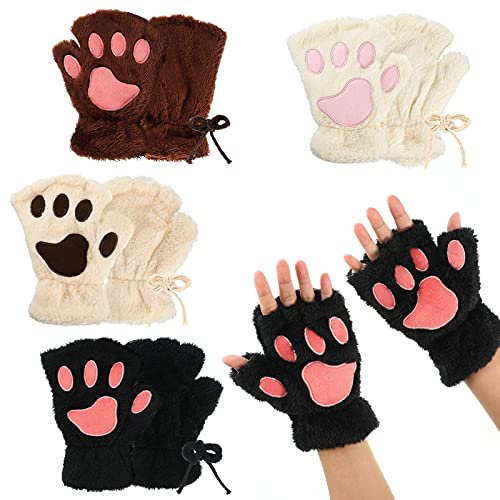 Geyoga 4 Paar Fingerlos Handschuhe mit Katzenpfoten Muster Kunstpelz Kätzchen Bär Winter Handschuhe für Kinder Mädchen Frauen