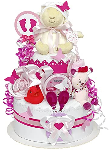 MomsStory - Windeltorte Mädchen | Windelgeschenk Schaf | Baby-Geschenk zur Geburt Taufe Babyparty | Babytorte 2 Stöckig (Pink-Weiß) XL Geburtsgeschenk