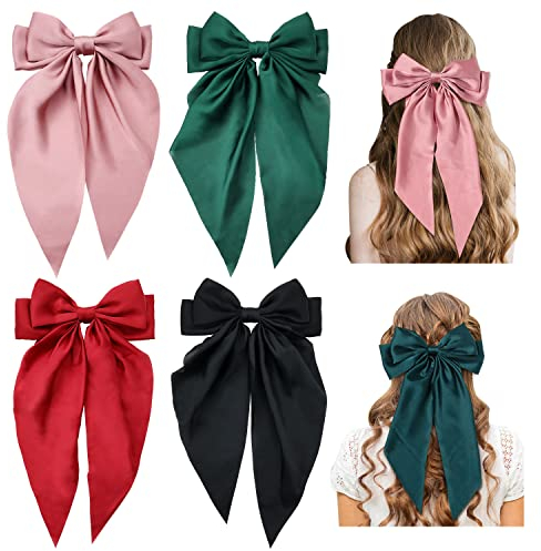 Cinaci 4 Pack Satin Silk Long Large Big Oversized Giant Bow French Barrettes Alligator Hair Clips Ponytail Holder Hair Accessories for Women Girls Teens