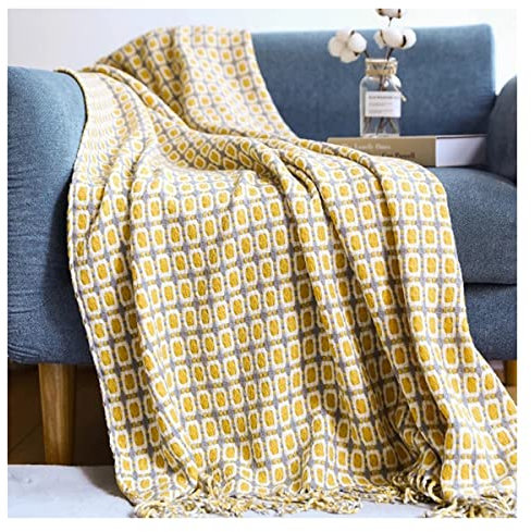 JUIYU Bettüberwürfe Nordisches gestricktes Decken-Plaid-Bett mit Quasten-Klimaanlagen-Decken Decken & Überwürfe (Color : Yellow, Size : 130X220cm)
