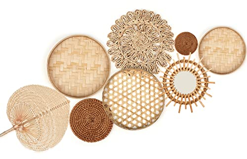 Unittype Wandkorb Set von 8 - Boho Weide Wand Handgemachte Dekor Mit Rattan-Spiegel - Bauernhaus Gewebte Wandbehang Korb für Badezimmer, Schlafzimmer, Wohnzimmer