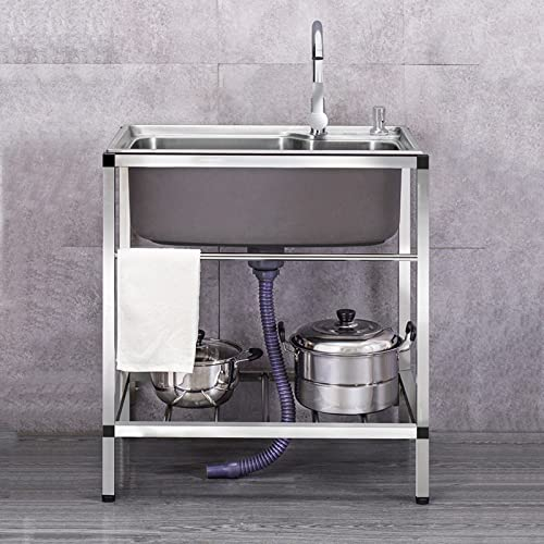 Fregadero de Acero Inoxidable de Un Seno Con Grifo y Escurridor - Pie Libre Para Garaje, Restaurante, Cocina, Cuarto de Lavado, Interior y Exterior (C)