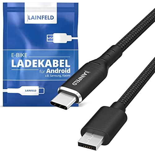 LAINFELD E-Bike Ladekabel für Bosch Intuvia Kiox Nyon | 𝗡𝗶𝗰𝗵𝘁 passend für KIOX 300 + KIOX 500 | USB C Anschluss für Android + IPhone 15 | Micro USB Kabel