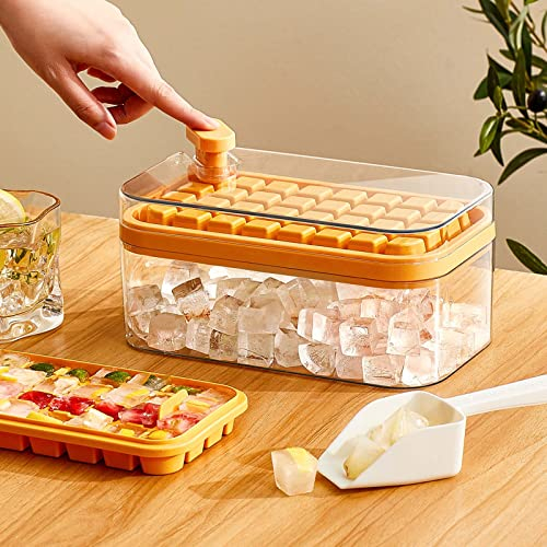 Pop up ice Cube Tray with lid and bin,Ice trayfor Freezer Easy Press ice Cube molds for Cocktails Square ice Block with Storage Mold Silicone Ice Maker Mold (orangr)