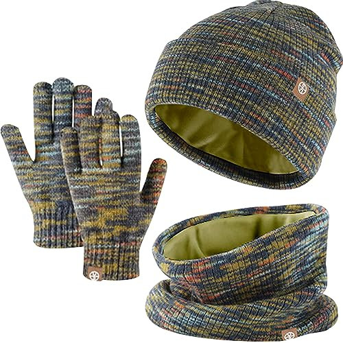 Winter Beanie Hut, Schal, Handschuhe Set,Kinder Wintermütze Schal Handschuhe Set, Mütze Warme Beanie Hut Jungen Touchscreen Handschuhe Runder Schal Set für 5-12 Jahre (Grün-Mischung)