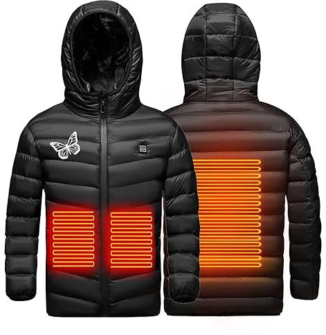 Veste Chauffant Enfants USB Garçons Filles Manteau Doudoune Chauffant avec 3 Zones de Chauffage avec Manches Longues et Capuche pour Camping Coupe-Vent Imperméable Ski