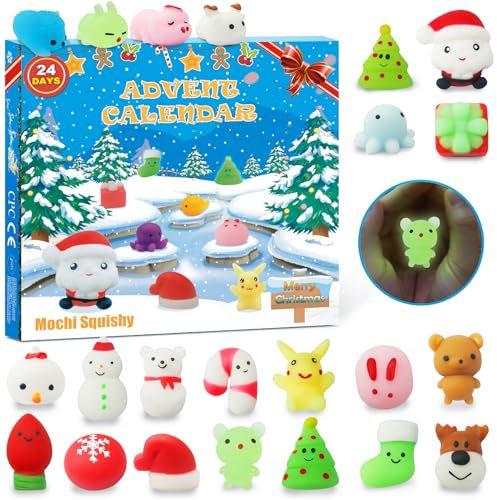 sudatong Adventskalender 2025 Kinder mit 24 Mochi Squishy - Weihnachtskalender Countdown Kalender mit leuchtenden Überraschungen, Ungiftiges Anti-Stress Spielzeug für Kinder (Jungen & Mädchen)