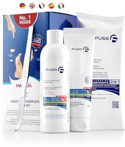 Mr. Fuss® No. 1 - Advanced Pack Steel Classic - klein, Nagelhaut- Hornhautentferner Paket 5 tlg. Aktiv-Lösung Schnell & Stark erweichend - 200 ml, Balsam No. 2-100 ml, Watte, Hornhautschieber Classic