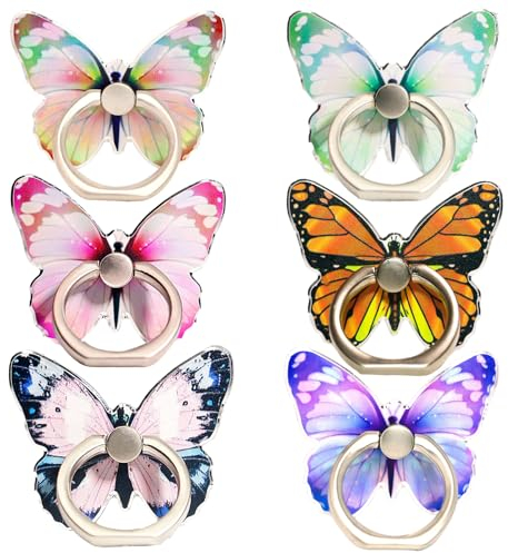 Lot de 6 Anneaux de Support pour Téléphone Portable,Rotation à 360°Anneau de Support avec Motif Papillon Mignon en Métal Peint,Anneau de Support avec Boucle de Bouton
