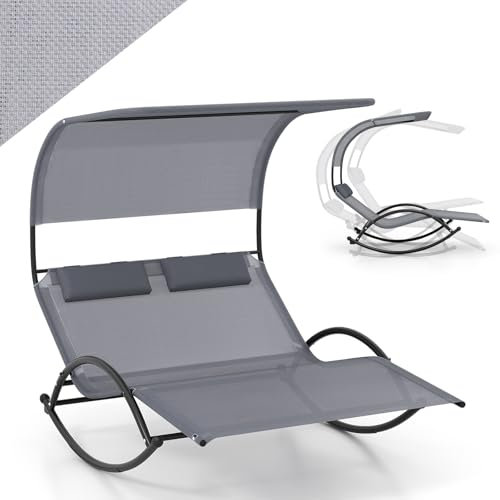 COSTWAY Chaise Longue Extérieur à Bascule, Transat à Bascule pour 2 Personnes, Lit de Repos 2 Places avec Auvent Pare-Soleil et 2 Oreillers Amovibles, Cadre en Métal Robuste, Charge 300 KG (Gris)