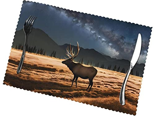Tischsets, Motiv: Elch auf der Wiese, 30,5 x 45,7 cm, hitzebeständig, waschbar, Party, Küche, Catering, Dekoration, 6 Stück