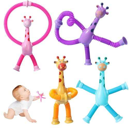 Juguete Telescópico con Ventosa de Jirafa, 4 Pcs Juguete Sensorial de Jirafa, Juguete Iluminado contra el Estrés de la Jirafa, Juguete Sensorial de Jirafa Educativos Regalos para Niños