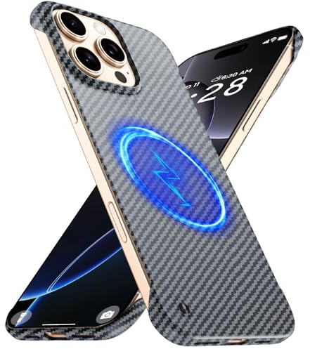 GRECAZO Magnetic Ultra-Thin Frosted Soft Touch Skin Borderless Carbon Fiber Bump Texture for iPhone 16 Pro Max Frameless Case 6.9 Slim Minimalist Lightweight Matte Hard for MagSafe Cover Case-Black