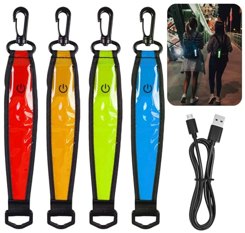 BORDEAG 4 Stück LED Blinklicht Schulranzen, Sicherheitslicht Reflektoren, Vier Farben Sicherheits LED Leuchtband USB Aufladbar Reflektierend Anhänger Für Radfahren, Laufen, Rucksack