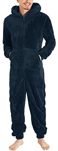 RUMAOZIA Jumpsuit Teddy Fleece Uomo Onesie Tuta Inverno Pigiama Flanell Sleepwear Peluche Biancheria da notte con cappuccio e chiusura lampo in pile, tuta intera intera calda, O blu navy, S