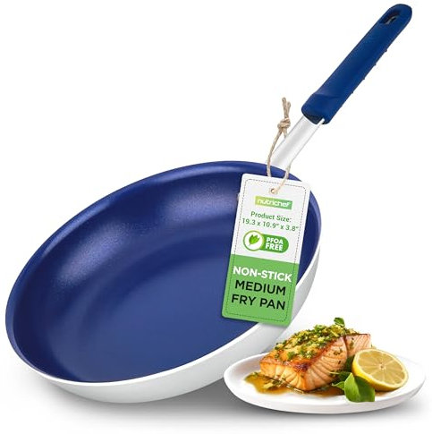 NutriChef Poêle à frire moyenne antiadhésive de 25,4 cm, revêtement en céramique, poêle à frire en aluminium en acier inoxydable avec poignée en silicone, résistante aux taches, sans PFOA, sans danger