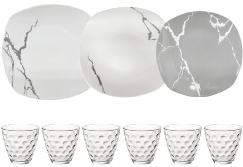 Servizio Piatti 25 Pezzi Per 6 Persone Con Bicchieri e Insalatiera | Resistente Porcellana Bianca e Grigia Design Moderno Marmorizzato Elegante Raffinato | Uso Quotidiano, Lavabile in Lavastoviglie