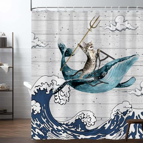 Ttincceer Cool Cat Rideau de Douche Rideau de Douche Rustique de Ferme en Bois décoratif de Salle de Bain pour Enfants avec Crochet imperméable 180x200cm