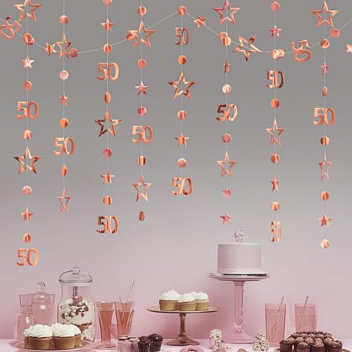 3m Long 50th Birthday Decorations,50th Birthday Banner,Rose Gold-Colored Bir-thday Party Decorations,50-th Rose Gold Circle Dots Star Garland Birth-day Party Decora-tions,Happy 50-th Birth-day Banner