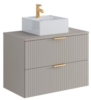 Vente-unique-Mobile per bagno sospeso con scanalature e lavabo da appoggio quadrato 80 cm Beige - ZEVARA