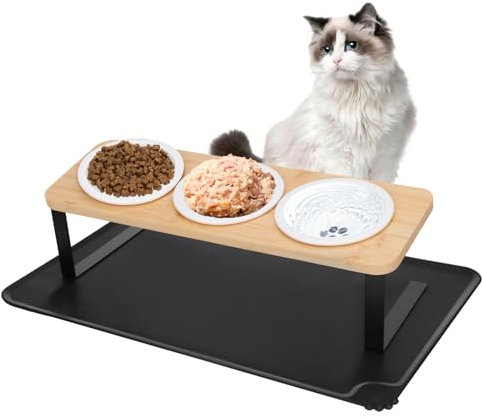 BBWELL Ceramic Feeding Bowls,Katzennapf Erhöht – 3er Set futternapf Katze aus Keramik mit 15° Neigung,mit rutschfestem Bambus und Metallhalter & Silikonpad – Futterstation für Katzen & kleine Hunde