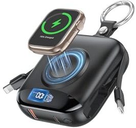 Chargeur portable, 10 000 mAh 22,5 W à charge rapide avec câbles intégrés, porte-clés de voyage avec écran LED pour Apple Watch Ultra 2/9/8/Ultra/7/6/SE/5, iPhone 16/15/14/13/12 Noir