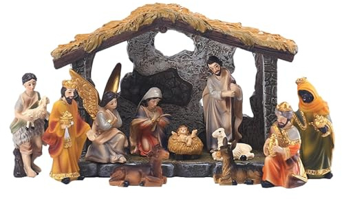 Duroecsain Traditionelle Weihnachtskrippe – Krippenstall mit 11 Krippenfiguren – Weihnachtsdekoration