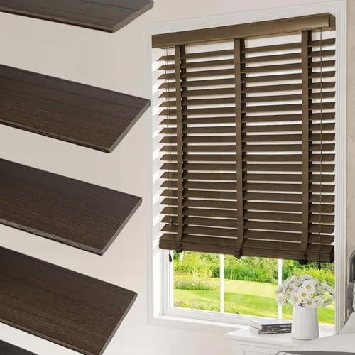 Wood blinds for windows 2 Wooden Venetian Shades for indoor door, Living Room,Bedroom, Oak Horizontal Windows blinds,Outside or Inside Mount Cordless(Dark Brown)
