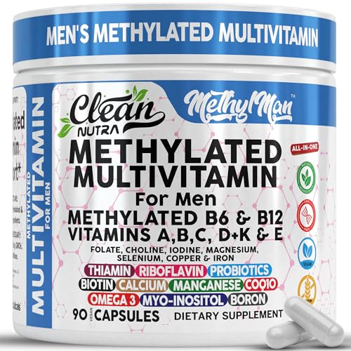 Methylated Multivitamin for Men with Vitamin B12 B6 Choline Magnesium Selenium CoQ10 Iodine Manganese Iron Boron Copper Thiamin Riboflavin Biotin Probiotics Omega 3 | Vegetarian Capsules Mens Vitamins