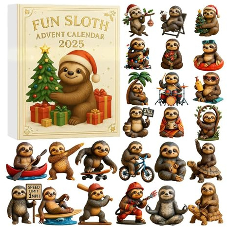 Faultier Adventskalender 2025, 24 Tage Weihnachten Countdown Kalender mit niedlichen Faultier-Ornamenten, lustige Urlaubsdekoration für Home Office Auto Weihnachtsbaum Dekorationen Geschenk A
