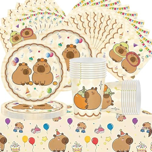 61PCS Vajilla Cumpleaños Capybara, Vajilla Capybara Reutilizable Juego de Vajilla de Fiesta, Suministros de Cumpleaños Incluye Vasos Platos Mantel Servilletas - Para 20 Personas