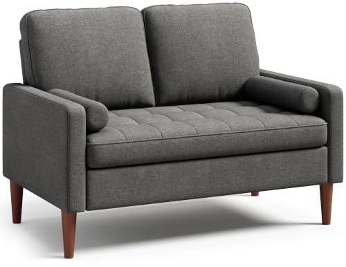 Blishom Sofa 2 Sitzer Klein, 121cm Couch 2 Sitzer, Kleine Stoffcouch | Mini Sofa Mit Armlehne, Knöpfe Sitzkissen Gästesofa für Wohnzimmer/Wohnung/Büro, 121 x 76 x 87 cm, Dunkelgrau