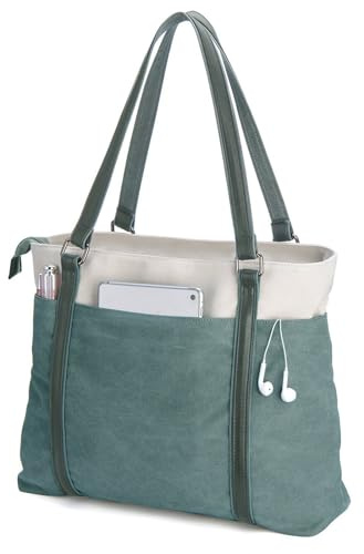 Women’s Canvas Tote Bag with Laptop Compartment, Lightweight Large Shoulder Bag with Multiple Pockets for Work, Travel, Gym, College (Green)