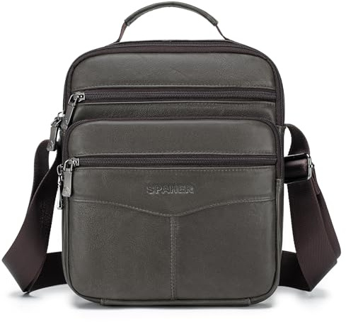SPAHER Stor Herr Läderväska Handväska Axelväska IPAD Företag Kurirväska Cross Body Casual Sling Arrangör Reseväska med justerbar axelrem