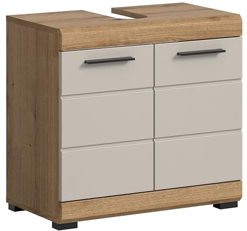 furnling Waschbeckenunterschrank Scott, Matte Kaschmir Front, 2 Türen, 2 Fächer, Unterschrank mit Siphon-Ausschnitt, Front mit Rillenfräsung, Breite 60 cm, Korpus Evoak Oak