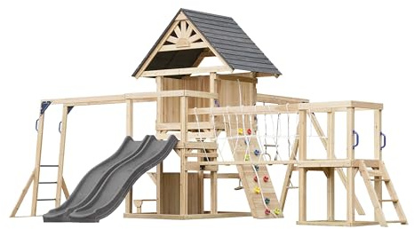 AXI Hunter Area Giochi in Legno, 2 Altalene, Doppio Scivolo, Grigio | Casetta XXL/Attrezzatura da Gioco per Bambini con Struttura per Arrampicata, Ponte Sospeso e Trapezio | Per il Giardino /