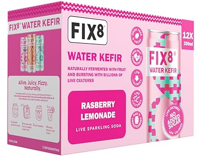 Fix8 Water Kefir Drink | Live Cultures | Rich in Beneficial Probiotics | Supports your Gut | Low Cal | No Added Sugar | Vegan & Dairy Free | Recyclable & Sustainable | 12x250ml (Raspberry Lemonade)