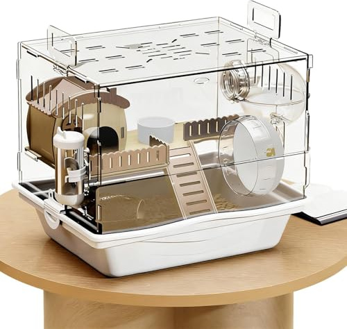 Hamsterhaus – Acrylkäfig 2 Etagen | Kleintiergehege Mit Zubehör | Durchsichtiger Igelkäfig Mit Laufrad Trinkflasche Futterschale Holzhaus