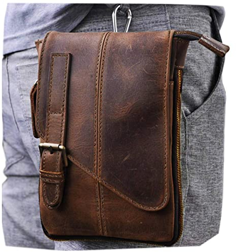 Le'aokuu Herren Verrückt Pferd Leder Tasche Freizeit Universität Schultasche Reisetasche Schultertasche Messenger Bag 611 (611-1 Dunkebraun-Größ)